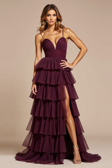 Purple A Line Tulle Long Prom Dress With Ruffles